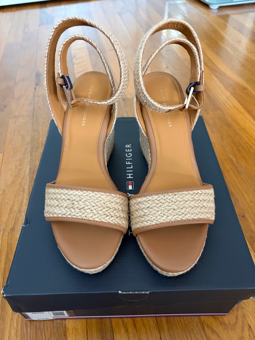 Tommy Hilfiger Tan Braided Espadrille Wedge Sandals with Ankle Strap